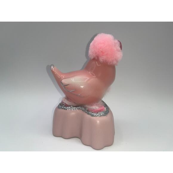 Vintage Pink Ceramic Bird Valentine Day Pink Heart Poofy Hat Fur Princess OOAK - Picture 12 of 16